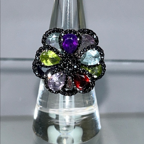 NWOT Multi Genuine Gemstone Sterling Silver Designer Floral Themed Ring Bohemian - Picture 2 of 7